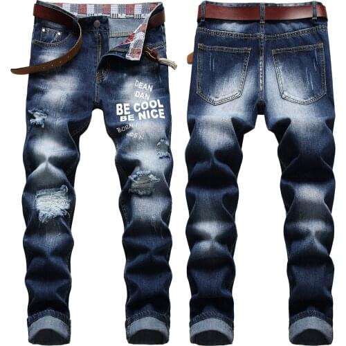 2021 Men’s Print Ripped Denim Pants,Slim-fit Straight Casual Jeans,Classic Style Blue Jeans,Youth Fashion Must