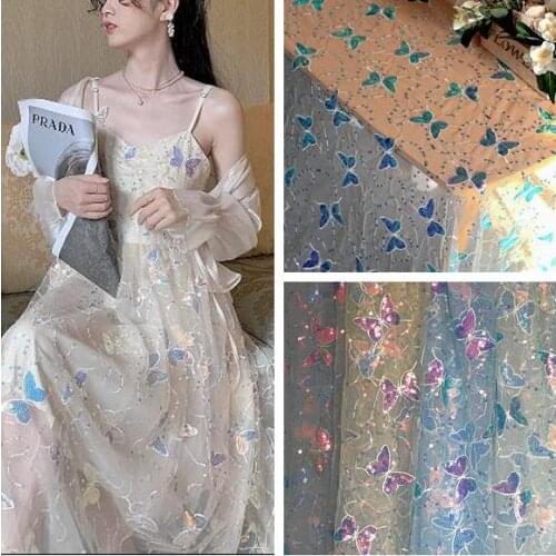 New Multi-color Sequins Butterfly Mesh Yarn Embroidered Beads Dress Childrens Clothing Hanfu Lace Fabric