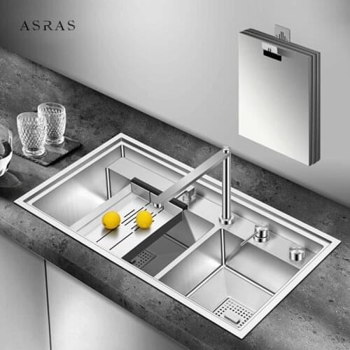 304 Stainless Steel Three Cover Hidden Double Kitchen Sinks 4mm Thickness Handmade Brushed Large Size Luxury Cloaking Sink