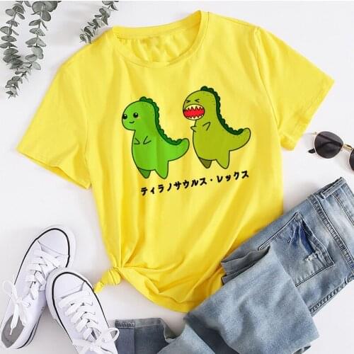 Ulzzang Hip Hop Streetwear Harajuku Short Sleeve Tshirt Summer Casual Women Yellow T-shirts Kawaii Dinasour Printed T shirt Tops