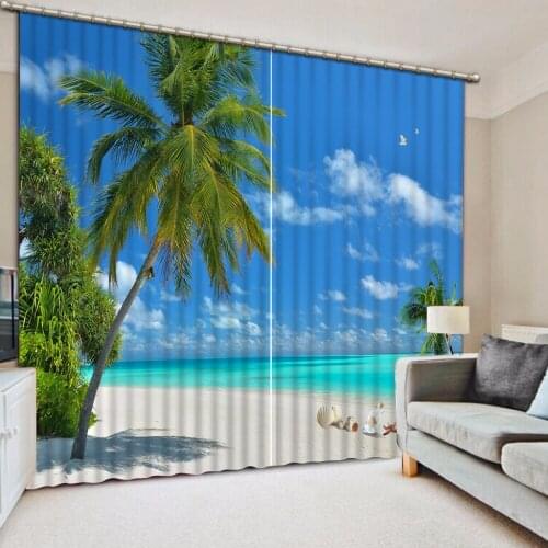 3D Curtain Custom 3D Beautiful Blue Sky White Clouds Seascape Beach Green Leaves Curtains For Bedroom 3D Bathroom Shower Curtain