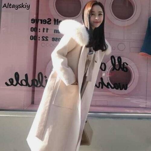 Wool Blends Women with Fur Medium-long Style Hooded Warm Elegant Slim-fit All-match Outwear Korean Style Students Womens Stylish