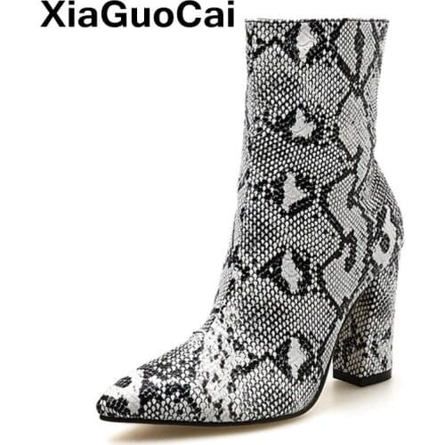 Women Zipper Boots Snake Print Ankle Boots Big Size Square Heel Fashion Pointed toe Ladies Sexy Shoes 2021 Pumps High Quality