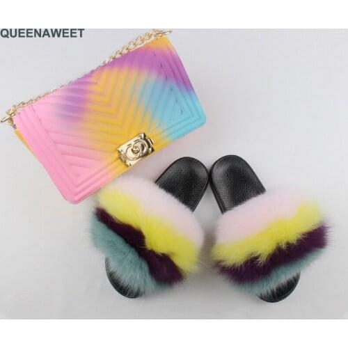Women Fox Fur Slides Summer New Flat Flip-flops Mixed-color Jelly Purses Set Dropshipping Hand Bags Fashion Fluffy Sandals