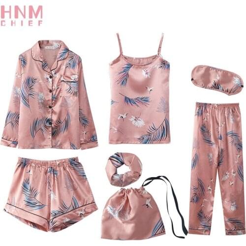 HNM Pink Crane and Leaf Print Satin Pajama Set Womens 7pcs women set Cami Pjs with Shirt and Eye Mask Bride set Sexy Lingerie