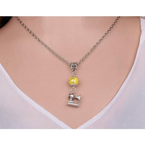 Sewing Machine Necklace Pendant Vintage Silver Charm Choker Chain Collar Acrylic Bead Statement Necklace Women Jewelry Gift B266