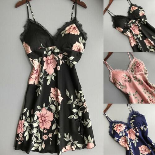 Womens Lace Patchwork Floral Printed V Neck Sexy Fashion Silk Feel Gown Sleeveless Nightie Sexy Sleepwear Nightdress