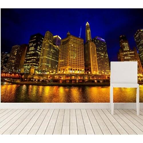 3D wallpaper,beautiful night view of Chicago,golden buildings under the light,living room TV wall bedroom large murals