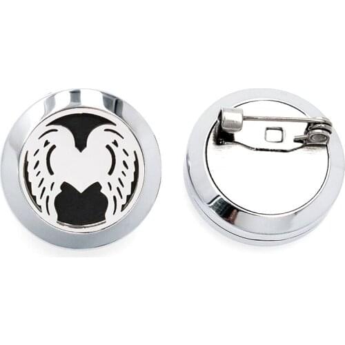20mm Silver color Wings of love Stainless Steel Aromatherapy Brooches Essential Oils Diffuser Locket Brooches Jewelry 5pcs