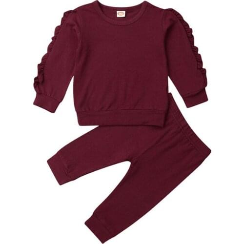 Toddler Kids Baby Girl Infant Clothes Autumn Ruffles T-shirt Top Pants Outfit Sets Tracksuit Cotton Solid Wine Red