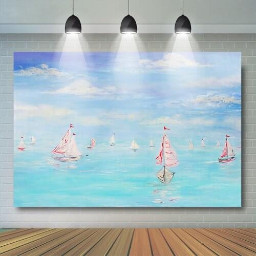 KIds 1st Birthday Backdrop Sea Sailboat Blue Sky Child Portrait Cake Smash Photography Background Hand Painting Photo Studio
