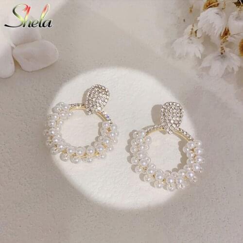 Geometric Circle Pearl Earrings For Women Zircon Party Korean Fashion Jewelry Accessories Brincos Pendant Wholesale S925 Pin