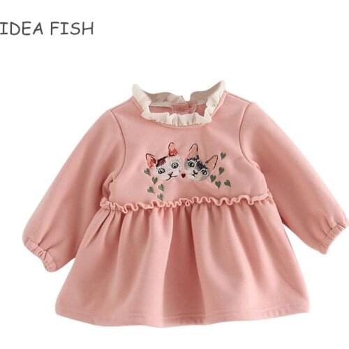 IDEA FISH Baby Girls Clothes Autumn Winter Toddler Infant Kids Girls Dress Princess Party Thick Warm Cat Dress 0-2T