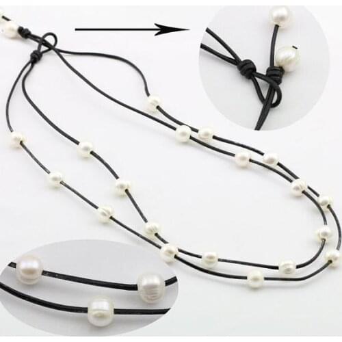 Fashion Ladys Perfect Leather Pearl Jewelry,White AA 0-10MM Freshwater Pearl Necklace More Color Leather For Choose Nice Gift