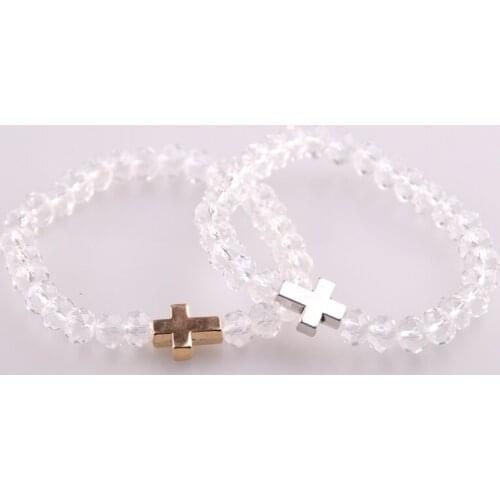 MOODPC Hot Sale White crystal glass beads with Cross charm bracelets women stretch Bracelet