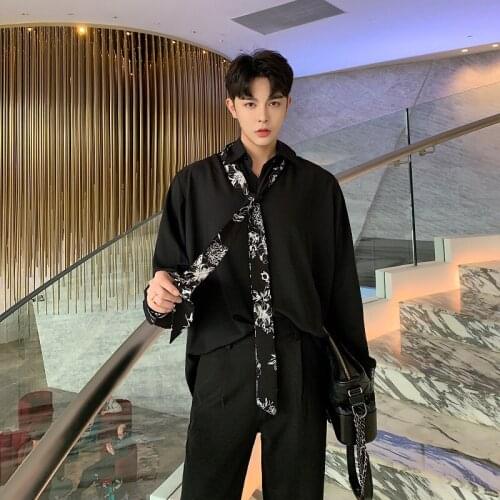 Men Vintage Fashion Casual Loose Black Blue White Long Sleeve Shirt Tie Collar Party Dress Shirts Male Spring Clothing