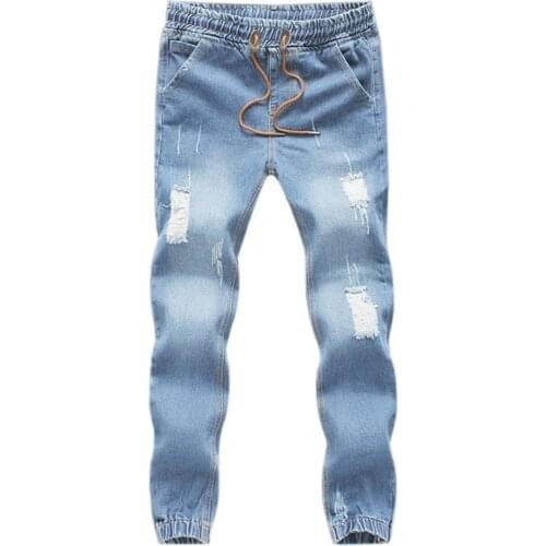 Men Fashion Jeans Drawstring Slim Denim Ankle Length Jogging Casual Pants