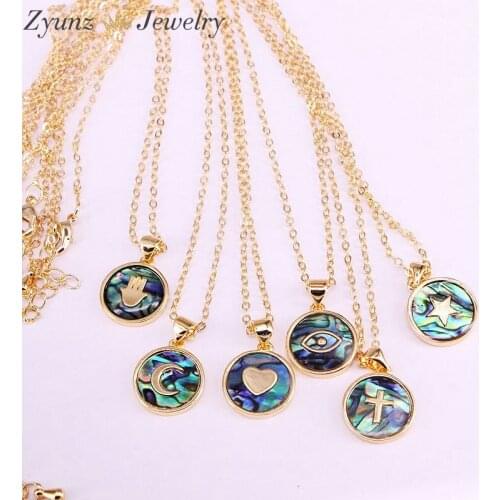 10PCS, Gold Color Necklaces Rainbow Abalone Shell with Star Cross Eye Heart Charms Pendant Necklace Fashion Chain Necklace