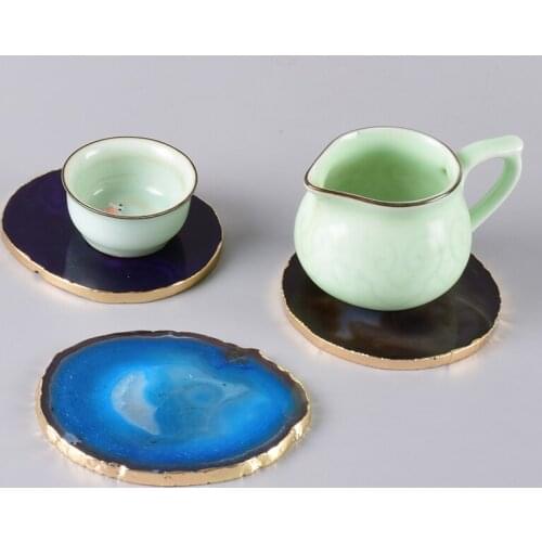 6-8 cm Agate Pad Gold Plated Around Crafts Mat Natural Stone Coaster Cup Beverage Holder Onyx Slice Home Decorative plates