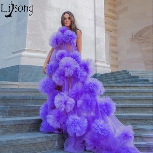 Chic Long Purple Dress Puffy Handmade Flowers Illusion Prom Dresses with Long Train One Shoulder Robe See Through Party Gowns