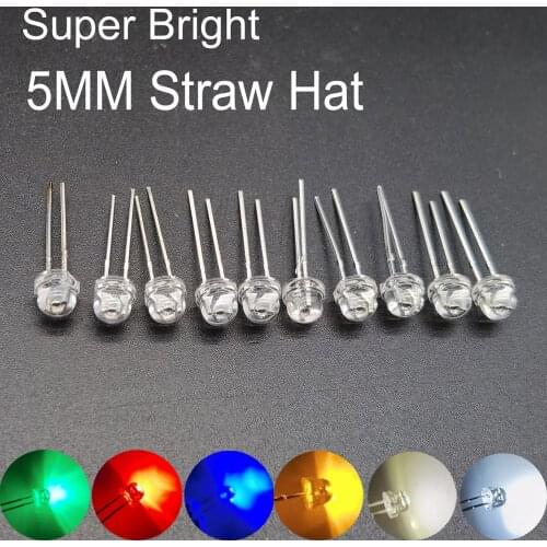 50PCS 5mm Straw Hat LED Diode Super Bright White 0.3W 0.5W 0.75W F5 Power 0.5W Light Emitting Diode Red Yellow Green Blue Warm