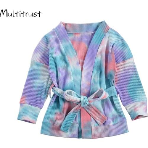 2020 Autumn Winter Baby Girls Nightgowns Toddler Kids Girls Knitted Tie Dye Long Sleeve Cardigans with Belt Warm Coat Jacket