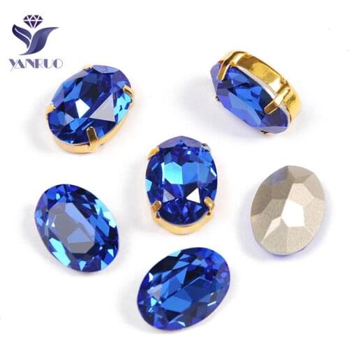 YANRUO 4120 Oval Blue Sapphire K9 Crystal With Silver Claws Rhinestones Sew On Strass Glass Sewing Dress Pointback Stones Gems