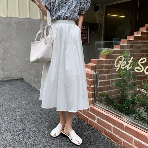 2021 Autumn New Korean Elastic High Waist Slim Simple White Big Swing Skirt Casual Elegant Women A-line Long Skirt Free Shipping
