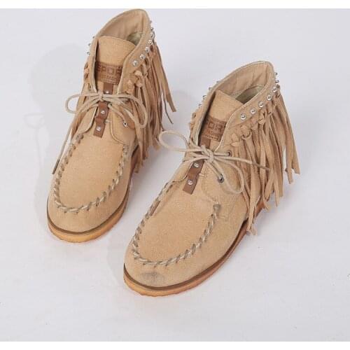 Womens Boots Winter 2020 Low-tube Fringed Boots Comfortable Flat-bottom Lace-up Ankle Boots Women Big Size 43