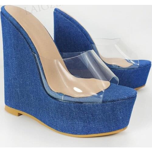 LAIGZEM Women Platform Wedges Slides Denim PVC Patchwork Pumps Slio On Height Increase 4 Seasons Shoes Woman Size 45 48 50 52