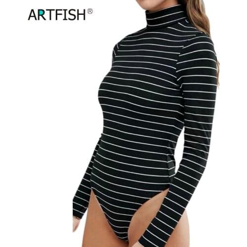 Women Bodycon Bodysuits Autumn Turtleneck Sexy Striped Buttons Bodysuits Casual Rompers Outfits Long Sleeve Bodysuits GV163