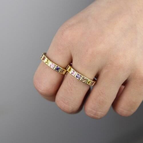 Square shape cz full band cz eternity band engagement band fashion women finger stack set ring rainbow color