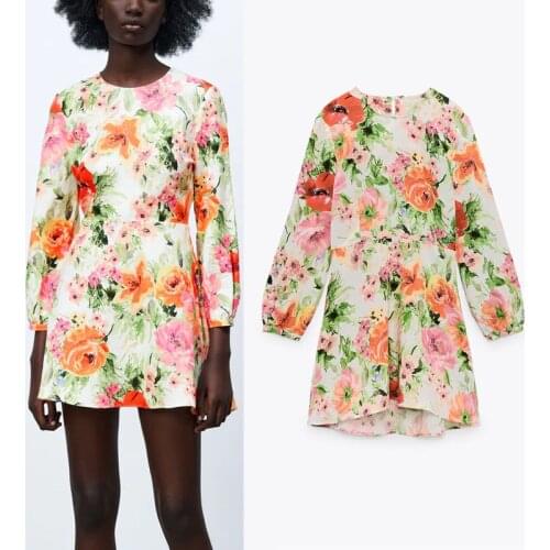 2021 Za Floral Print Summer Dress Woman Round Neck Back Opening and Button Long Sleeve Women Dress Vintage Club Mini Dresses