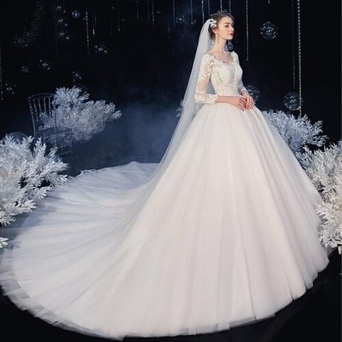 Elegant Sexy Wedding Dress 2021 With Chapel Train New Tulle Lace Long Sleeve Strap Back Bridal Wedding Gown for Bride Vestidos