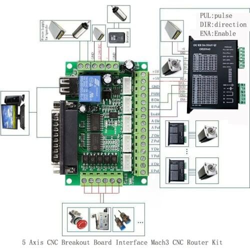 1pc 5 Axis CNC Breakout Board Interface with USB Cable For Stepper Motor Driver MACH3 CNC Board Parallel Port Control