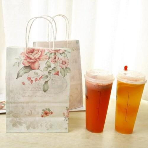 10pcs/lot 25x18x10cm Romantic Rose Daffodil Lily Lavender Kraft Paper Bags With Handles DIY Multifunction Wedding Gift Bags