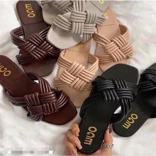 2021 Summer Europe America Women Slippers Ladies Weave Tie Fashion Slides Female Outdoor Big Size Flat Sandals Beach Flip Flops