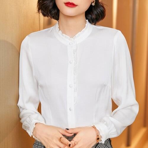 2021 temperament real silk Shirt commuter long sleeve stand collar cardigan solid color Shirt PINK mulberry silk temperament