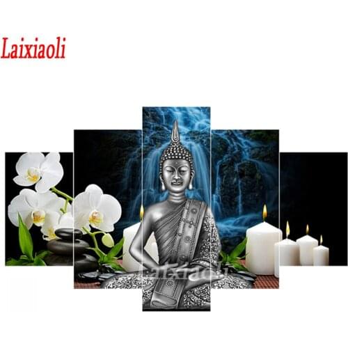 DIY rhinestone Diamond Painting buddha statue 5 pcs 3d Embroidery orchid waterfall Full Square Round Drill Mosaic sticker decor