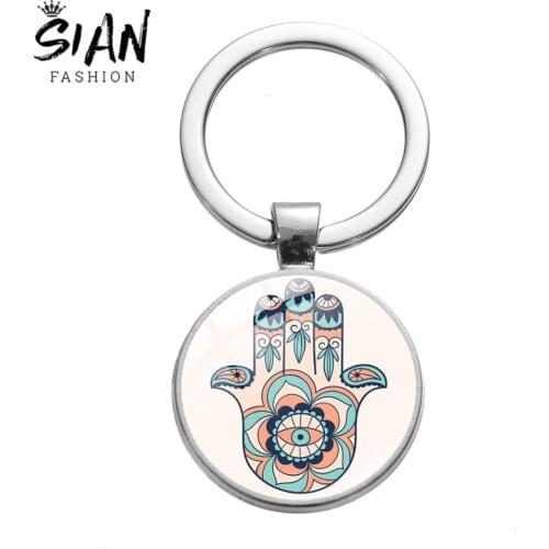SIAN New Arrival Fatima Hand Alloy Keychain Turkish Evil Eye Vintage Art Pattern Glass Dome Purse Bag Pendant Key Chains Holder