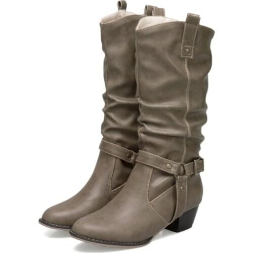 Big Size 1Heavy-heeled high-barrel belt buckle willow nail tip Martin boots plus velvet mid-barrel boots