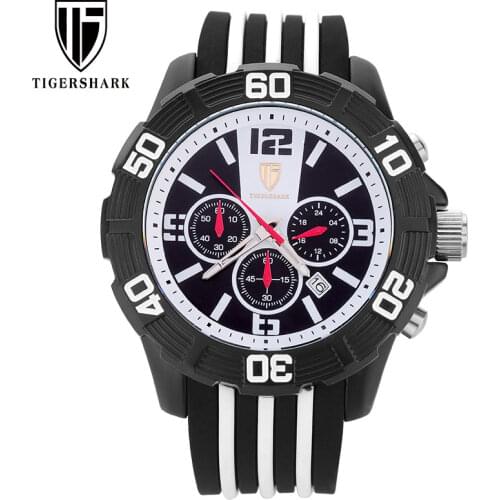 TIGERSHARK Mens Sport Watches Chronograph Quartz Watches Automatic Date Rubber Band 30M Waterproof With Box Relogio Masculino