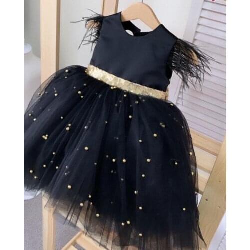 Black Girls Golden Beading Girls Celebrity Dresses Feather Cap Sleeve Kid Girls Celebrity Dresses Golden Waist Custom