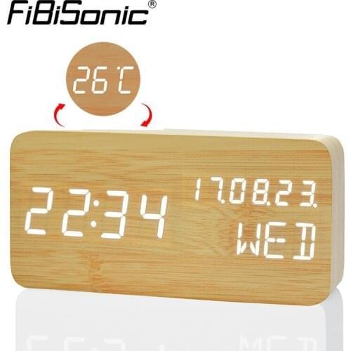 FiBiSonic Digital LED Alarm Clock Sound Voice Control Desktop Table Clock Temperature Week Display Alarm Clocks YY-MM-DD
