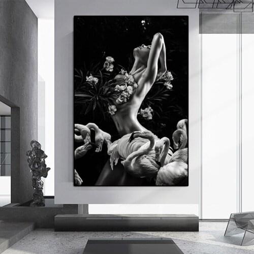 Naked Woman Canvas Painting Black White Flowers Flamingo Woman Wall Poster And Print Nordic Art Wall Decor For Living Room Home