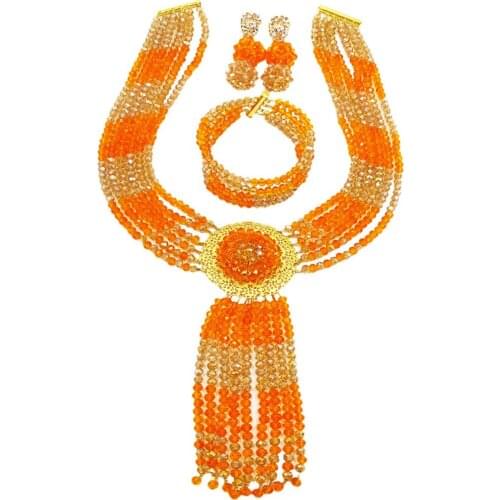 Pretty orange and champagne gold ab crystal bead african necklace nigerian beads jewelry sets 6XLS-05