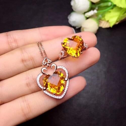 Cute heart-shaped style, natural citrine suit, 925 silver, Seiko hot-selling style, sparkling beautiful