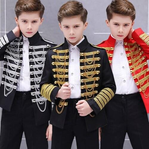 Hip Hop Costumes Boys European Style Tassel Military Jacket Dress Stage Wear Kids Coat Jazz Dance Clothes Rave Outfit DN4044