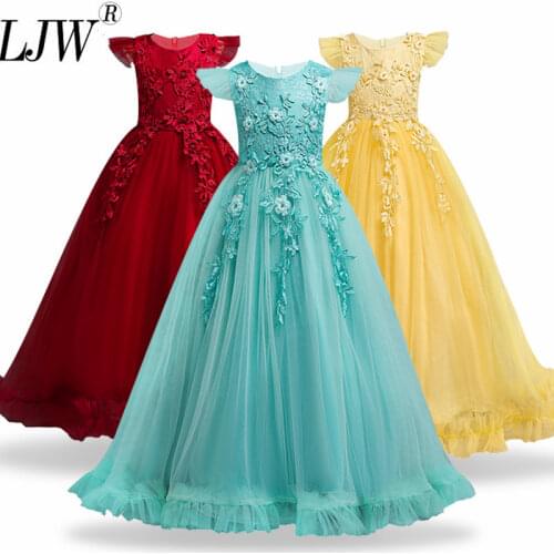 4-14 Yrs Lace Teenagers Kids Girls Wedding Long Girl Dress elegant Princess Party Pageant Formal Dress Baby Childrens dress