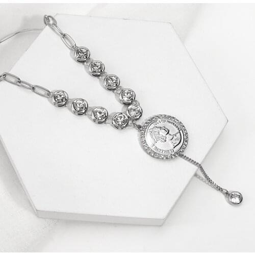 Lifefontier Punk Rhinestone Portrait Long Chain Pendant Necklace for Women Crystal Silver Color Metal Chain Necklaces Jewelry